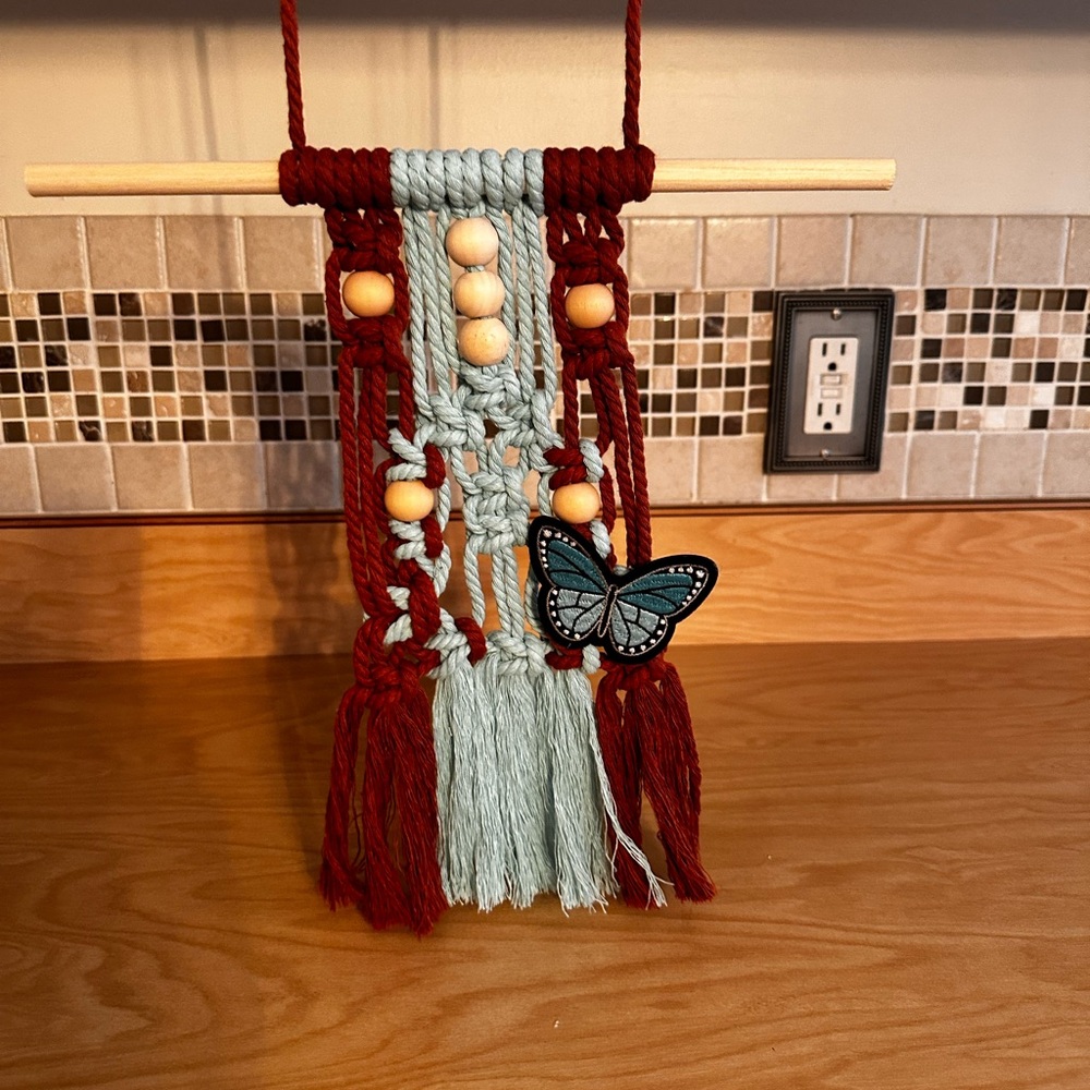 Handmade bohemian fashion blue and brown hanging macrame wall decor